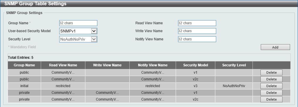 SNMP Group Table Settings An SNMP group created with this table maps SNMP users to the views created in the SNMP View Table Settings window.