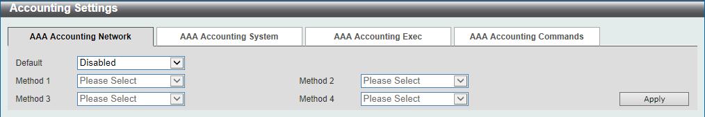 The fields that can be configured in AAA Authentication Login are described below: List Name Method 1 ~ Method 4 Enter the method list name that will be used with the AAA authentication login option