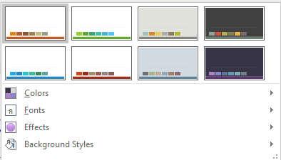Selecting a Theme 1) Click Design tab 2) Select a theme your like form Themes group Changing Color Scheme, Font Set or Effect