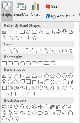 5.1 Inserting a Shape Object 1) Click Insert tab Shapes 2) Select a Shape 3) Place the shape (left-click and drag) on the slide 4) To