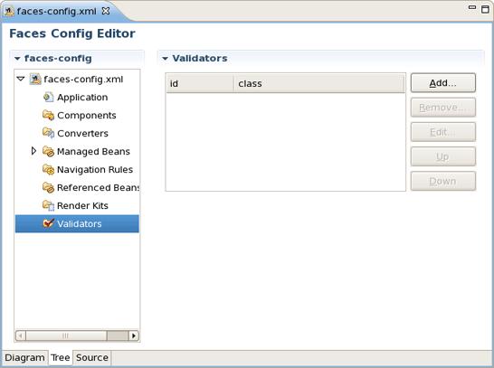 Create and Register a Custom Validator Figure 6.6. Validator in Faces Config Editor Select Validators and click on Add button.