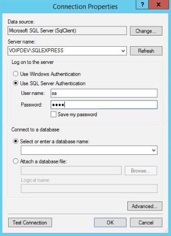 b. SQL Server technical administrators can alternatively select Use SQL Server Authentication, specify a SQL Login account and password, and select appropriate database value from the Select or enter