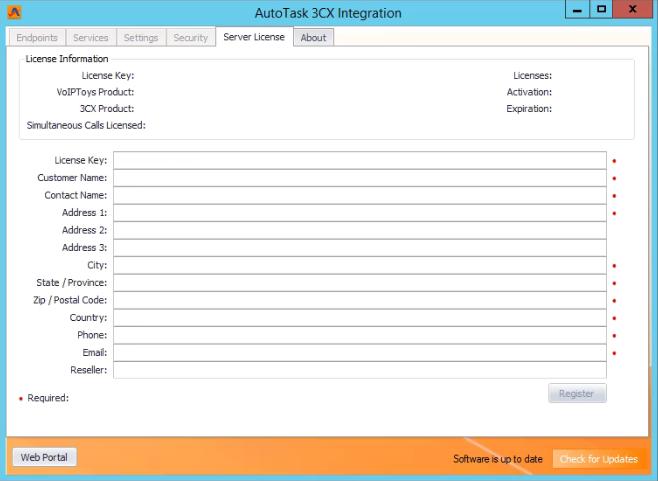 3CX AutoTask Integration configuration screen Server License screen Registration is required to authorize your license key.