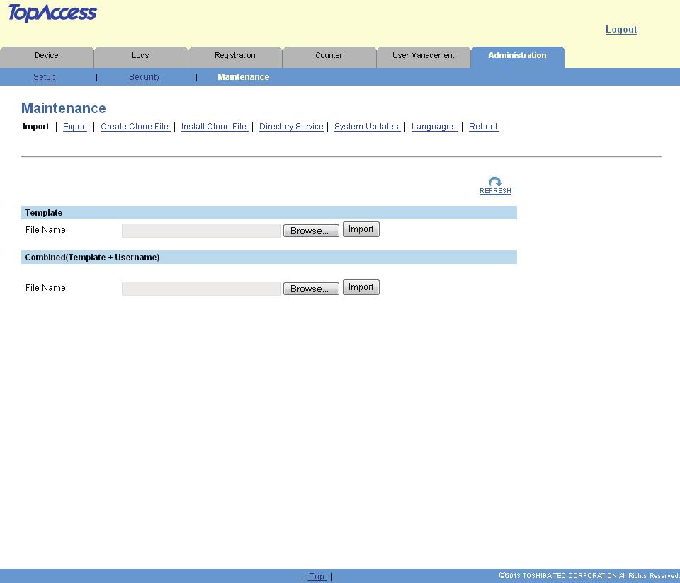 Overview TopAccess Screen s 4 Function tab Features are grouped under each tab. This provides access to main pages of TopAccess for each function.