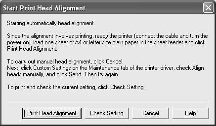 5 Read the message and click Print Head Alignment. It takes about 80 seconds to start printing. Do not open the Top Cover while printing.