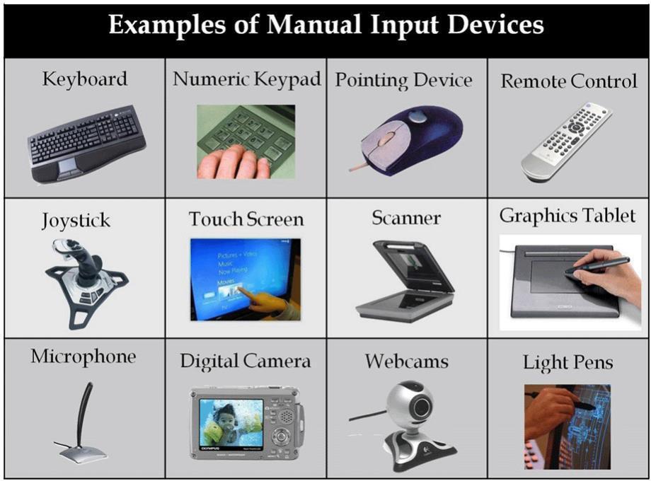 Most common are keyboard and mouse t et t et t et t et t et t t t t t t t t t t t t t t t t t t t t t t t t Example of Input Devices:- 1. Keyboard 2. Mouse (pointing device) 3. Microphone 4.