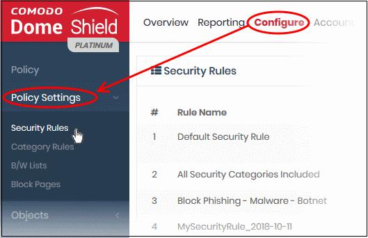 5.1 Manage Security Rules Comodo operates a huge database of harmful websites categorized by threat type. Dome Shield uses this database to power its security rules.