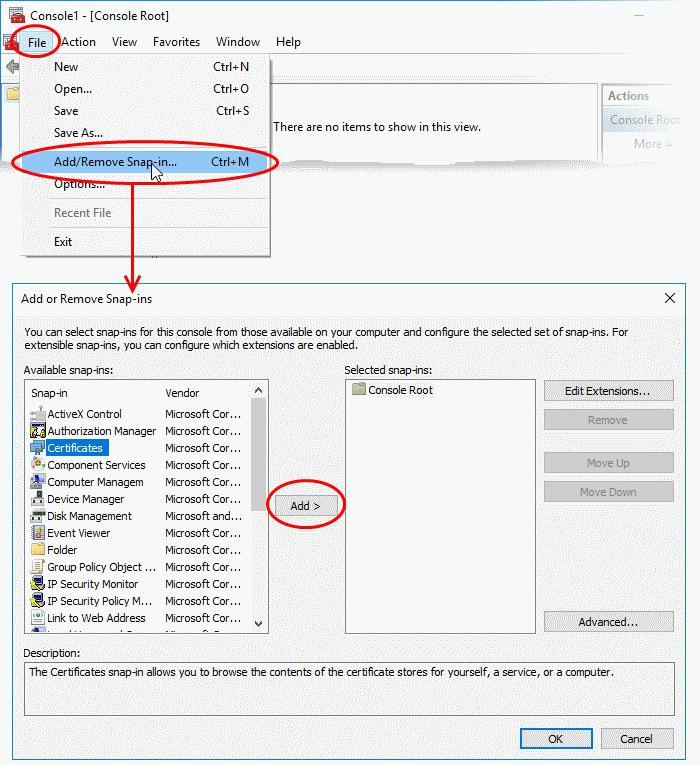 Click 'File' > 'Add/Remove snap-in' in the console interface Select 'Certificates' in the list on the left.