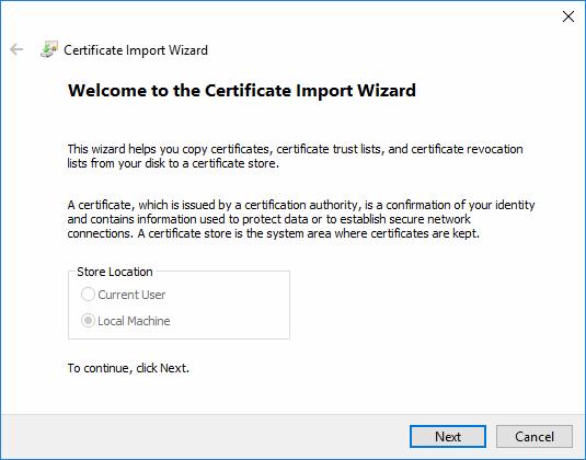 Click 'Next' to open the certificate selection screen Click 'Browse', navigate to the location of