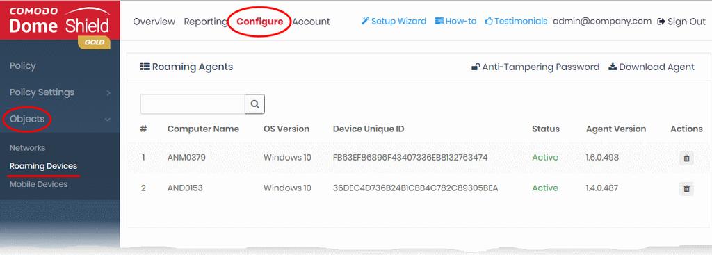 roaming device. Click 'Configure' > 'Objects' > 'Roaming Devices' > 'Download Agent' You can manually install the agent on devices, or install it remotely through Endpoint Manager (formerly ITSM).
