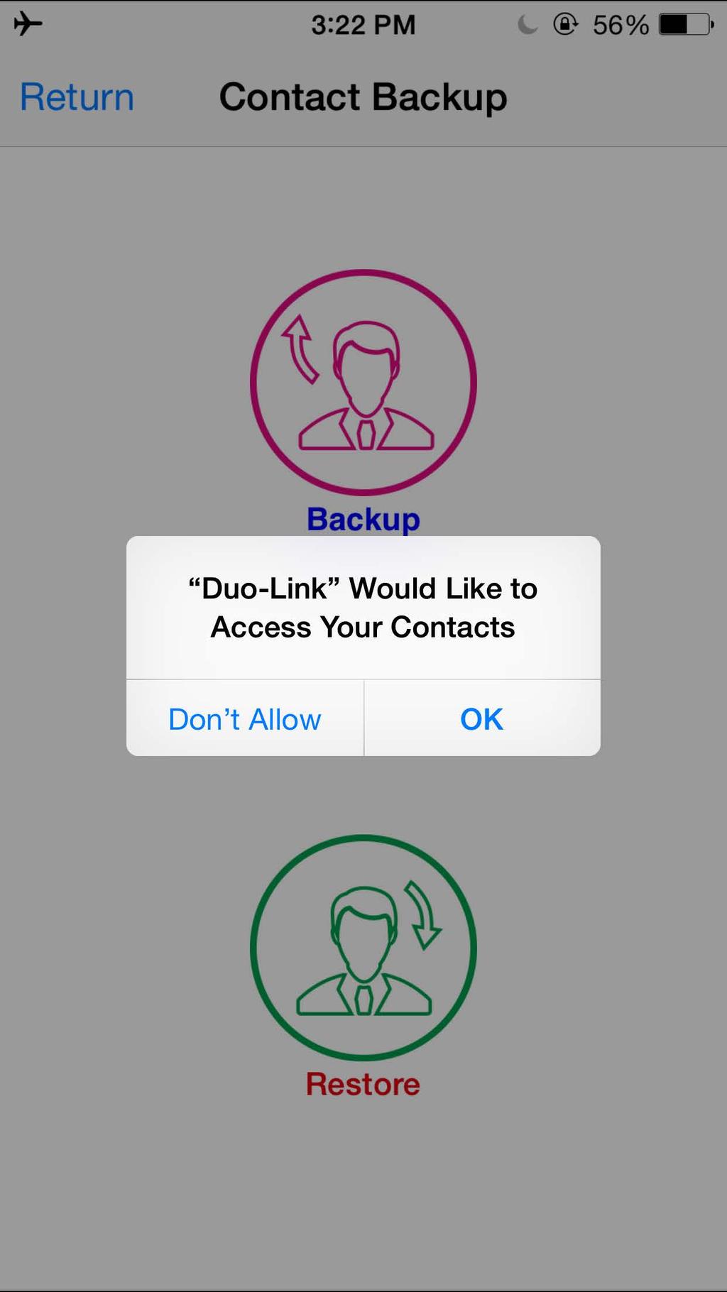 First you need to ensure that the DUO-LINK App has access to your contacts.