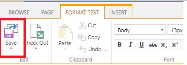 14. Select Add button. 15. Select the Save button on the FORMAT TEXT tab in the SharePoint ribbon. This will save the page and close the editing. 16. Check the web part added.
