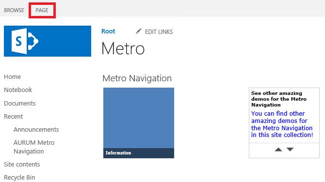 3.2 Metro Navigation Webpart Properties The metro navigation web part has custom properties under the group AURUM Metro Navigation and this is used to set various configurations