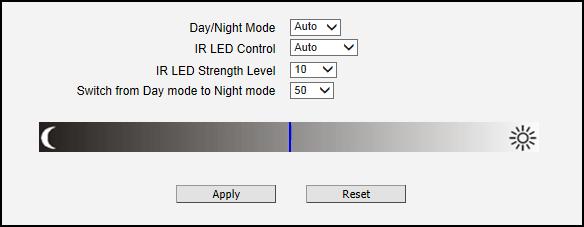 Day/Night The section Day/Night allows user to control the switching between day mode and night mode. This section will be displayed only for day/night models.