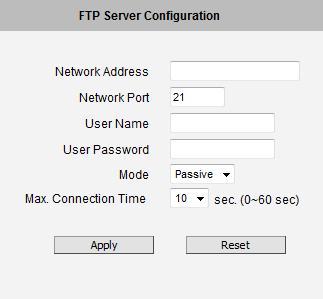 FTP Server FTP servers can receive snapshot or video uploads that are issued as part of the response from event handlers. You may setup one FTP server.