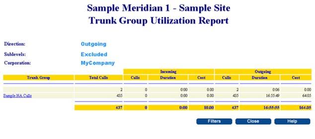 228 TBS reports Figure 94 Trunk Group Utilization Report Trunk Utilization The Trunk Utilization Report, shown in Figure 95 "Trunk Utilization Report" (page 228),