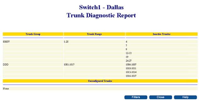 Web Navigator reports 229 Trunk Diagnostic The Trunk Diagnostic Report, shown in Figure 96 "Trunk Diagnostic Report" (page 229), lists all the trunks that are entered in the Telephone