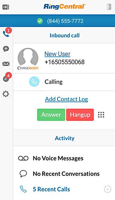 RingCentral for MINDBODY User Guide Incoming Call from Known Client 17 Incoming Call from Known Client The incoming call will show the MINDBODY icon.