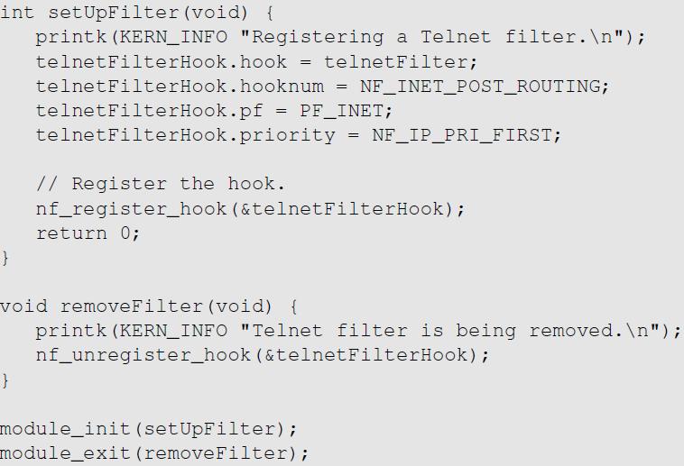 Implementing a Simple Packet Filter Firewall Hook this callback function Use this Netfilter hook Register the hook