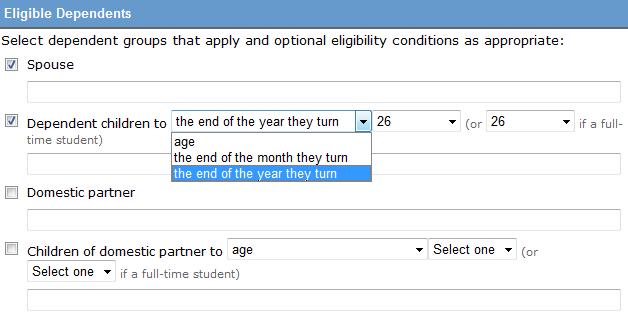 EbixBenergy Page 21 Eligible Dependents Mark the checkboxes to select dependent groups and optional eligibility conditions. The two partner groups include: Spouse and Domestic Partner.