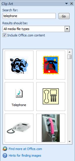Type telephone in the Search for box and click on Go The Clip Art available on your computer is displayed.