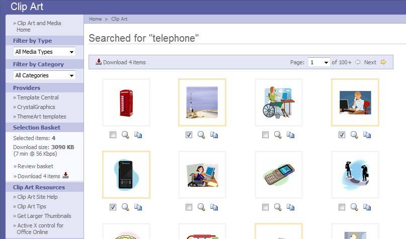 Click into the Search box and type Telephone then click on Search Clip art Office Online Search box Search Clip Art that match the search term are displayed.