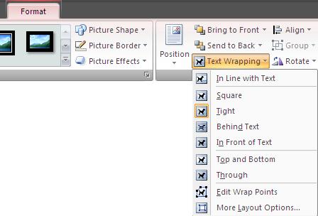Click on the Text Wrapping button in the Picture Tools Format tab display a list of available wrapping styles Text Wrapping