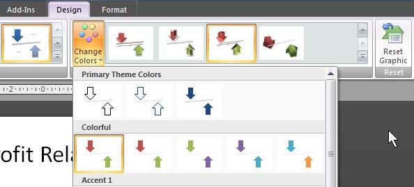 Using Objects 6 7. Click in the Text boxes provided and type Costs and Profits as shown below 8. With the SmartArt selected and click on the tab Design Change Colors 9.