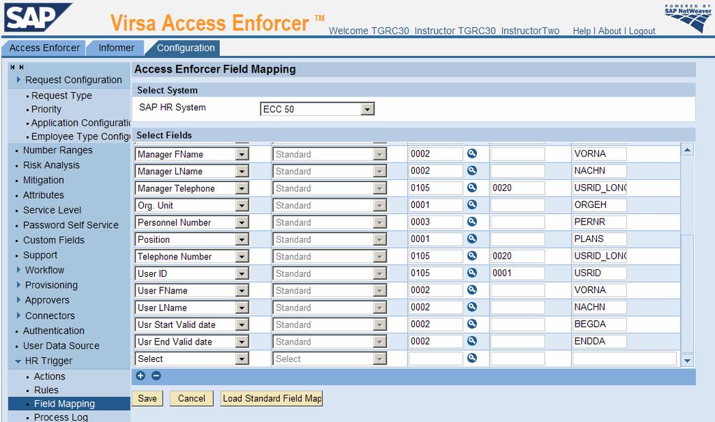 Task 3: Field Mapping 1. Click Field Mapping. The Field Mapping page appears. 2. In the SAP System field, click the drop-down menu to select the desired system. 3. Click Load Standard Field Mapping.