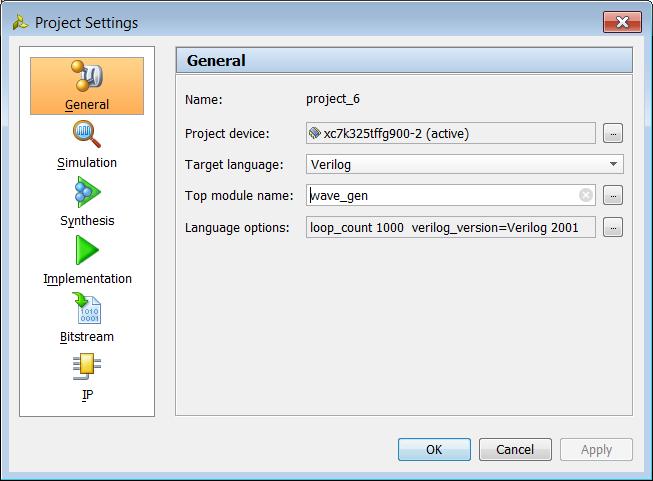 Configuring Project Settings Language Options: Click the browse button to set the following options in the Language Options dialog box: Verilog Options: Click the browse button to set the following