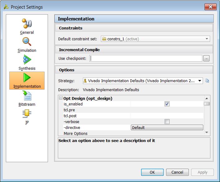 Configuring Project Settings Implementation Settings The Implementation Settings (Figure 2-16) enable you to specify the constraints set, the implementation strategy, and the implementation options.