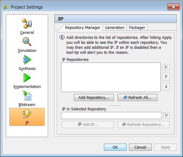 Configuring Project Settings IP Settings The IP Settings (Figure 2-18) include the following tabs: Repository Manager: Specifies directories to add to the IP repositories list.