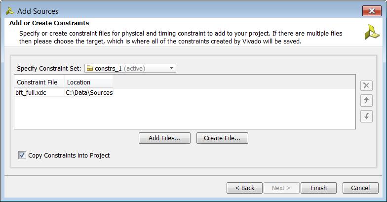 Working with Sources in Project Mode X-Ref Target - Figure 3-6 Figure 3-6: Add Sources Wizard Add or Create Constraints Page Setting the Target XDC File The Vivado IDE writes newly created