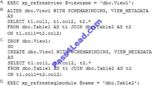 Several months after you create the view, users report that the view has started to return unexpected results. You discover that the design of Table2 was modified since you created the view.