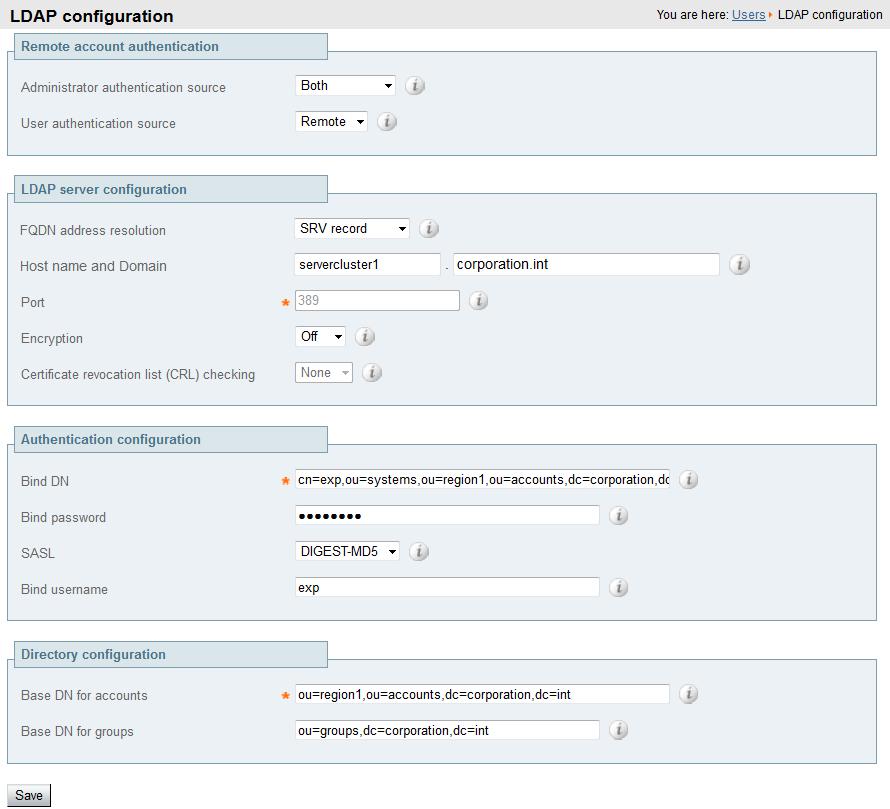 Expressway configuration Field Description Usage tips Bind username Base DN for accounts Base DN for groups Username of the account that the Expressway will use to log in to the LDAP server (case