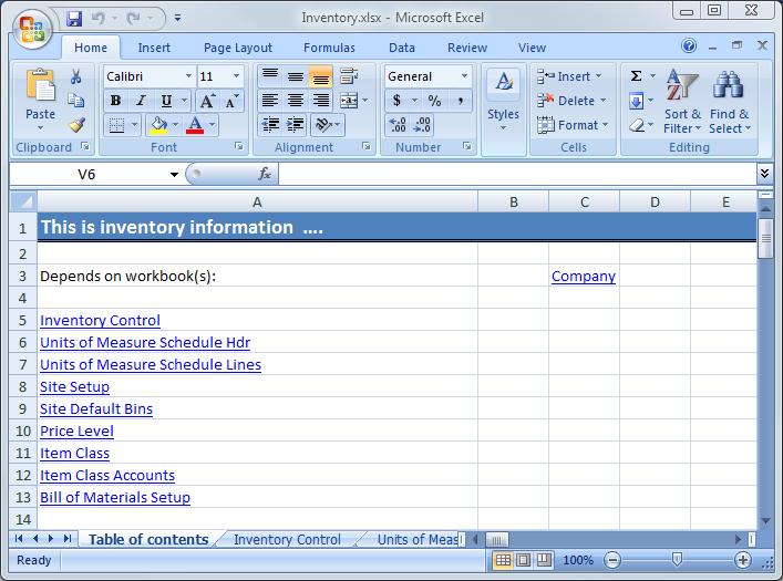 PART 4 CONFIGURATIONS FOR MICROSOFT DYNAMICS GP Navigating workbooks The first worksheet in each workbook is a Table of contents listing each worksheet or tab in the workbook.