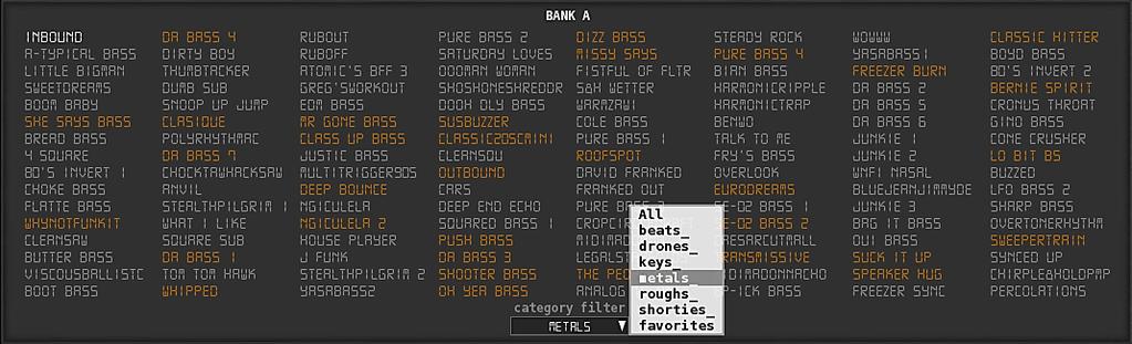 aggressive sounds shorties: sounds with short attack favorites: intended to highlight sounds you like. The list at the bottom of the bank list view is intended to letting you define a filter.