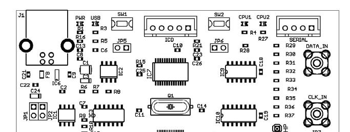 3. PCB Power LED USB LED Reset switch Programming connector Mode switch CPU1 LED CPU2 LED USB connector PSU jumper