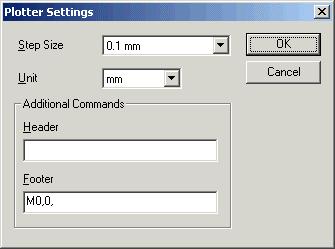4.3 Plotter Settings Window This is called up by Plotter Settings in the File menu. Step Size Specifies the unit size for the position data sent to the plotter.