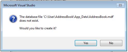 Visual Studio should now ask if you want to create the database file.