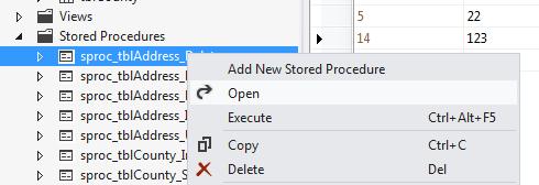 Close the table and now open the stored procedure called sproc_tbladdress_delete... This will display the code for the stored procedure.