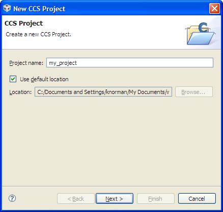 2. Code Composer Studio prompts you with a dialog asking you to name the project (how about my_project) and specify
