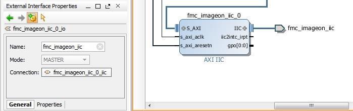 Rename the external iic_rtl port to fmc_imageon_iic 12. Select the iic_rtl external port in the block diagram. 13.