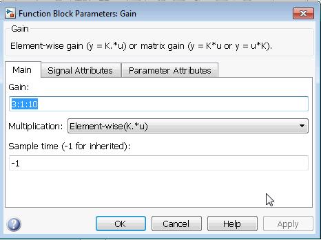 Example sine wave 2 Double click on Gain block and set the Gain to