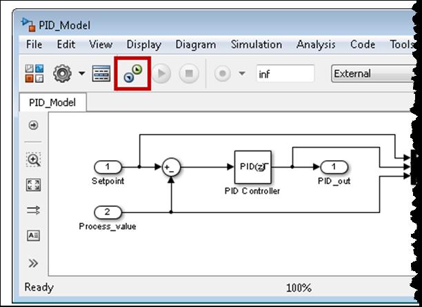 10 External mode 10.1 Monitoring Step Instruction 3. Use the Connect To Target button to connect Simulink to the controller model on WinAC RTX 4.