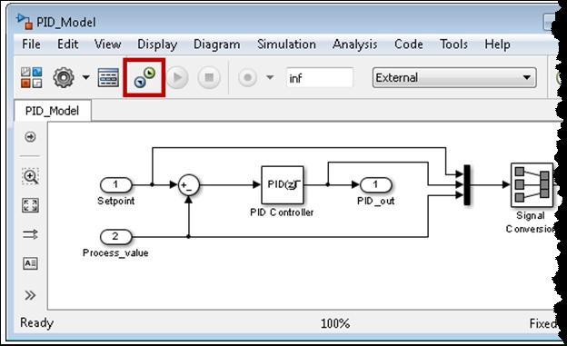 Open the PID_Model.mdl model created with WinAC Target and transferred to WinAC RTX 2.