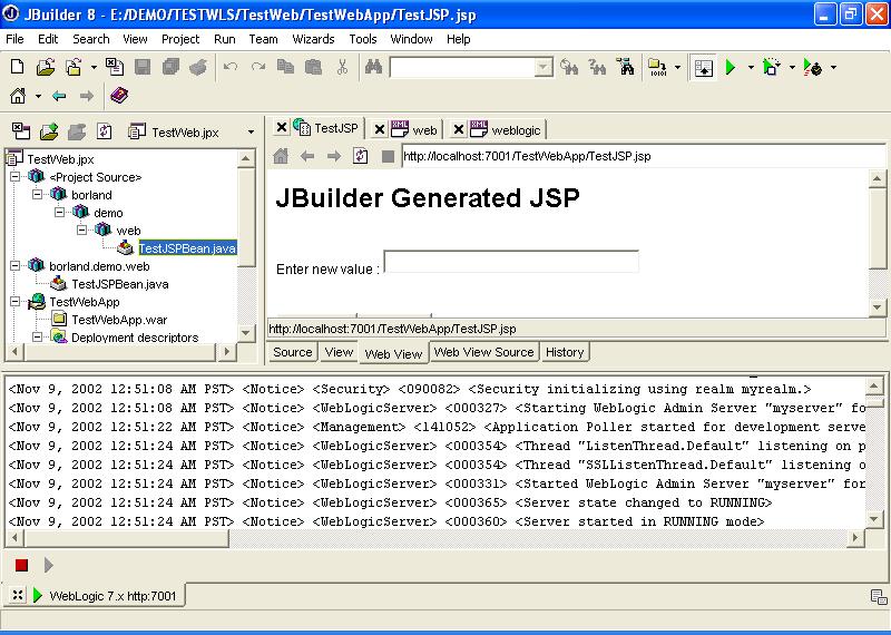 Figure 5: WebLogic Server is running within JBuilder and AppBrowser displaying the running JSP Note: JBuilder supports both hot-deployment and auto-deployment with WebLogic.