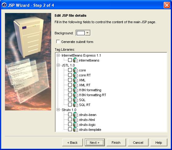 Figure 16: JSP Wizard allows users to select Struts taglibs For this exercise do not select any tag libraries. Edit login.jsp and message.