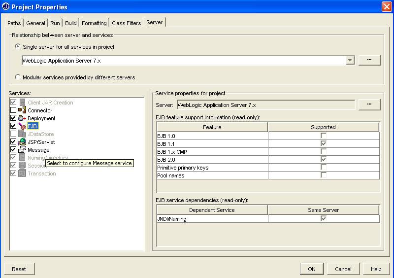 Figure 1: Project Properties window allowing users to select application server of choice Note: The Services panel in the left-hand side shows the services provided by the specific server selected in