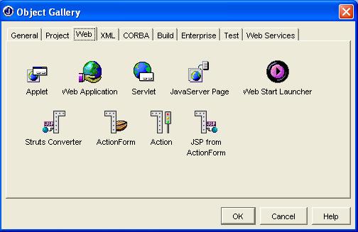 Figure 2: JBuilder 8 Object Gallery displaying the wizards to create Web applications The Web Application Wizard pops up. Enter Name and Directory entries for the Web application.